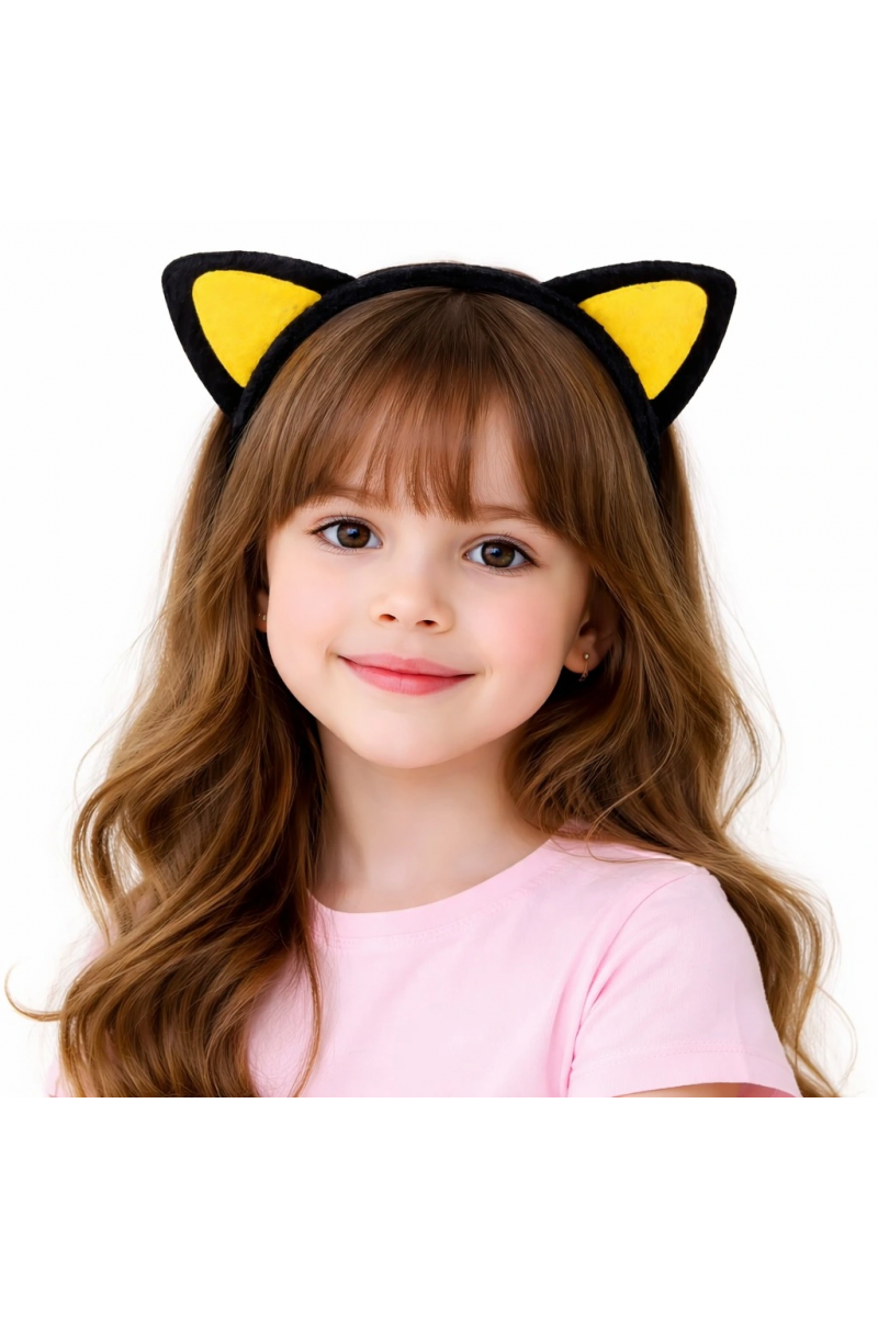 Peluş Kedi Kulak Taç Sarı Siyah – Çocuk Parti & Kostüm Tacı