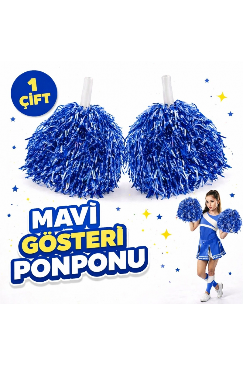 1 Çift ( 2 Adet ) Mavi Renk 23 Nisan 19 Mayıs 29 Ekim Okul Gösteri Ponponları Ekstra Dolgun