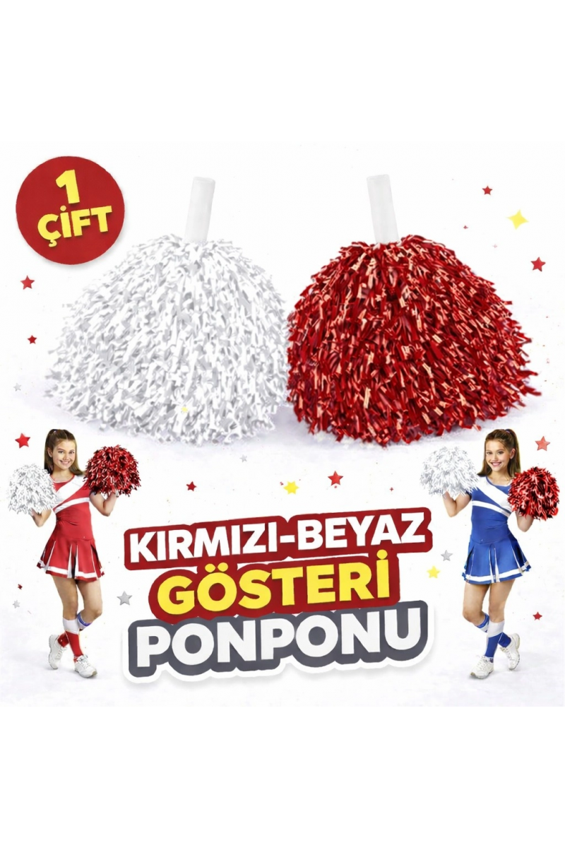 1 Çift ( 2 Adet ) Kırmızı - beyaz Renk 23 Nisan 19 Mayıs 29 Ekim Okul Gösteri Ponponları Ekstra Dolgun