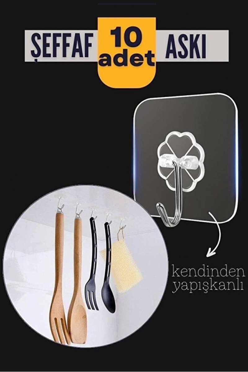 10'lu Şeffaf Kendinden Yapışkanlı Güçlü Askı Kancası, Banyo Mutfak Organizer, İz Bırakmaz Pratik Askı