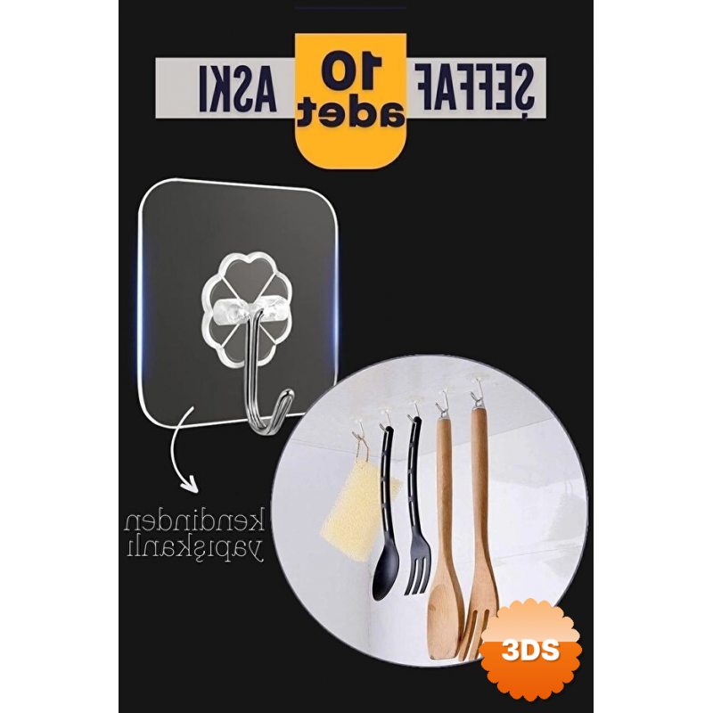 10'lu Şeffaf Kendinden Yapışkanlı Güçlü Askı Kancası, Banyo Mutfak Organizer, İz Bırakmaz Pratik Askı