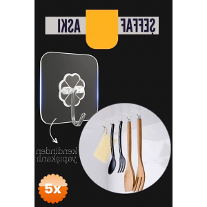 5 Adet Şeffaf Yapışkanlı Askı, Mutfak Banyo Duvar Askısı, Çivisiz Pratik Kanca Seti
