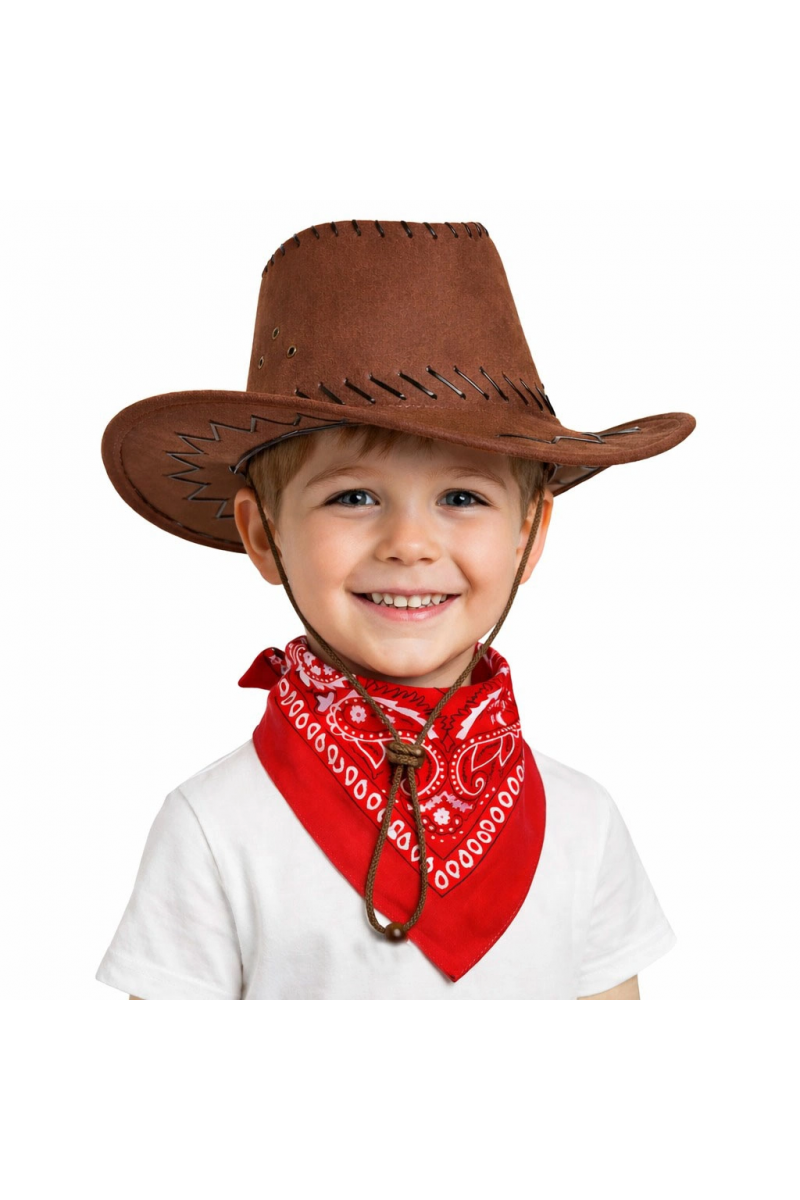 Çocuk Kovboy Şapka Kahverengi & Kırmızı Bandana Fular Seti