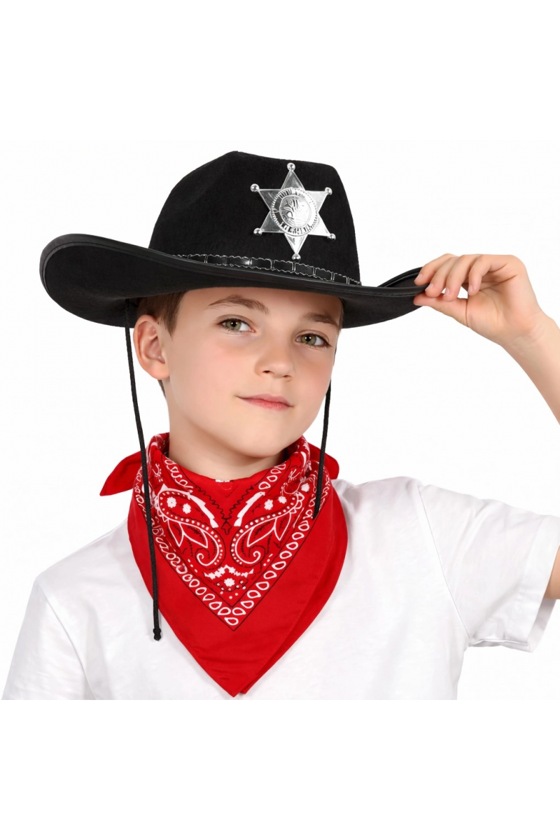 Çocuk Kovboy Şapka Rozetli Siyah & Kırmızı Bandana Fular Seti