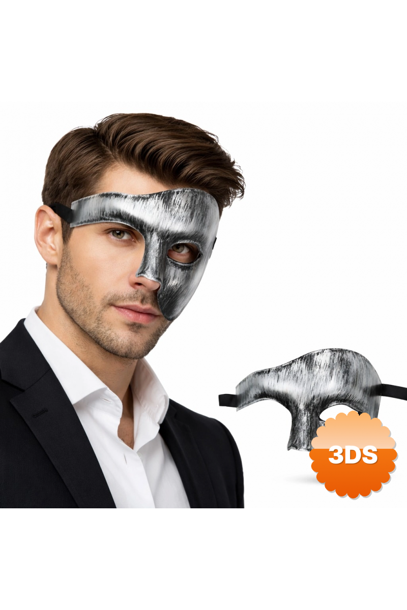 Antik Eskitme Gümüş Erkek Yarım Maske - Phantom & Balo Maskesi