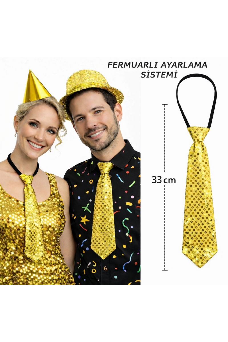 Altın Renk Pul Payetli Işıltılı Parti Kravatı 33 Cm