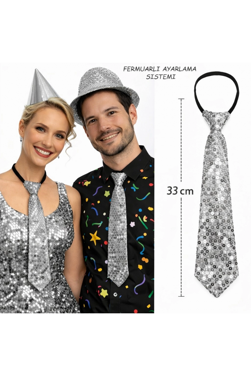 Gümüş Renk Pul Payetli Işıltılı Parti Kravatı 33 Cm