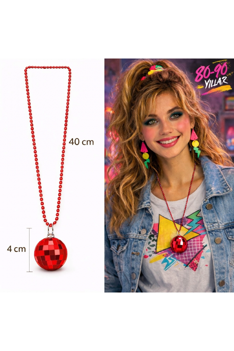 Retro Disko Topu Şekilli 80'ler 90'lar Kırmızı Renk Plastik Kolye