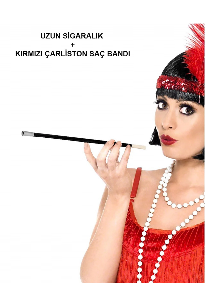 1920'ler 1990'lar Gatsby Kadın Aksesuar Seti – Kırmızı Charleston Saç Bandı Ve Sigaralık