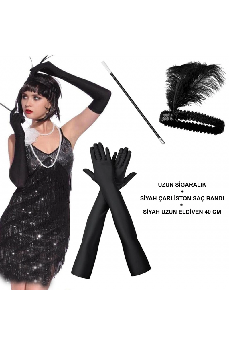 1920'ler Gatsby Aksesuar Seti – Siyah Charleston Saç Bandı, Uzun Eldiven & Sigaralık