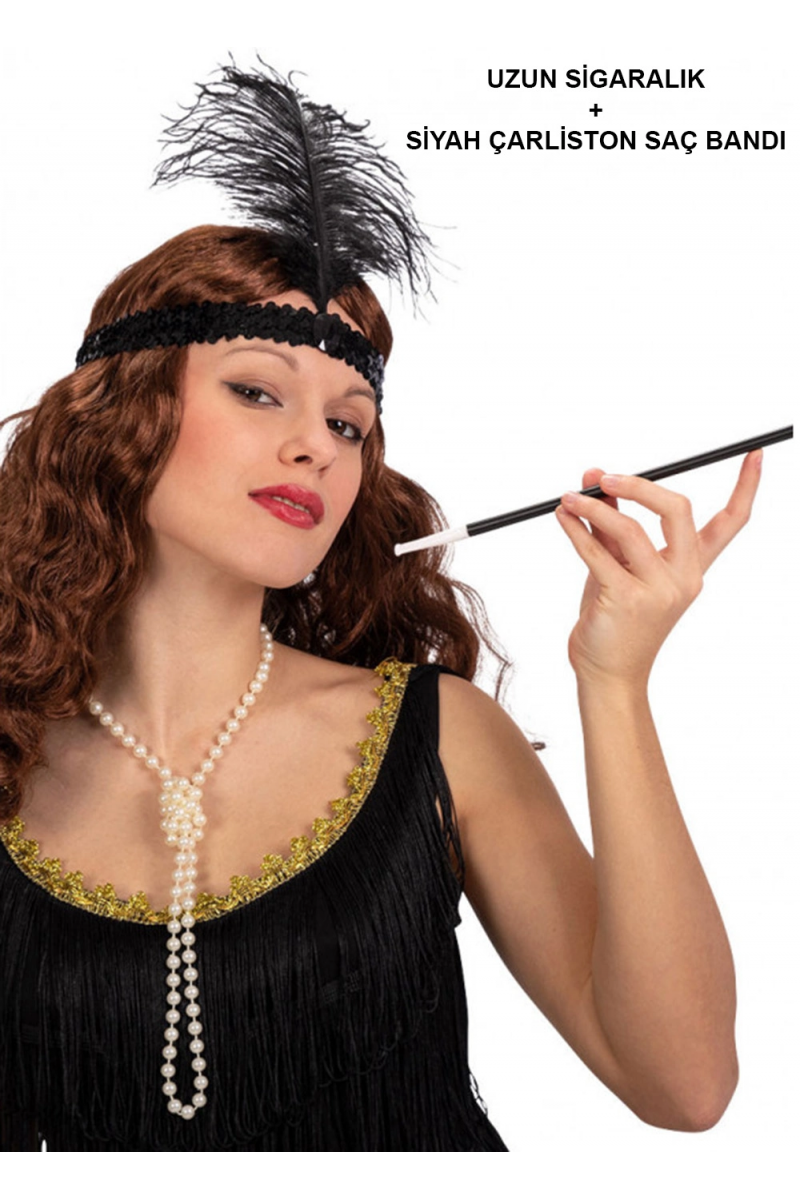 1920'ler Gatsby Aksesuar Seti – Siyah Charleston Saç Bandı & Sigaralık