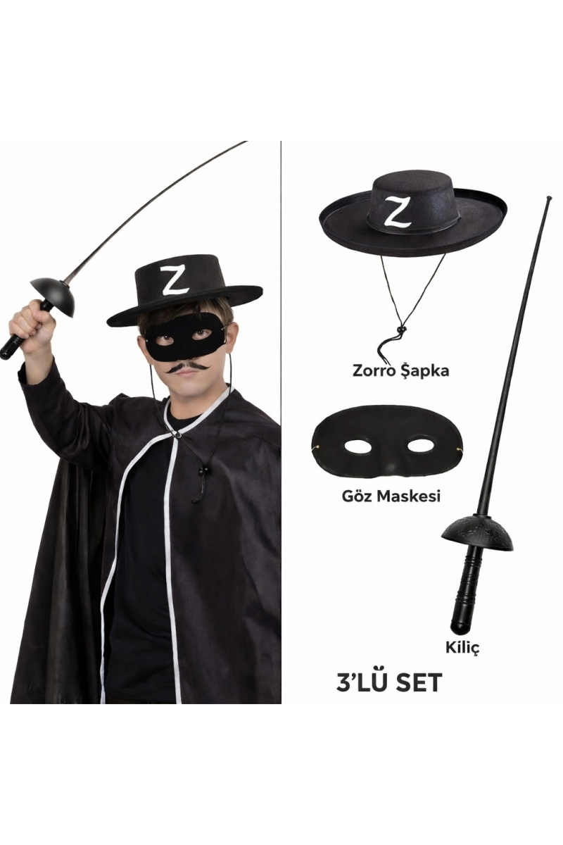 Zorro Kostüm Seti 3’lü Çocuk – Şapka, Maske Ve Kılıç