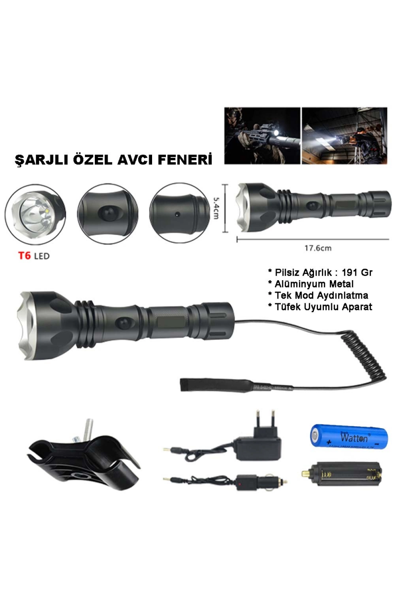 600 Lümen Tx6 Şarjlı Özel Avcı Feneri Wt - 253