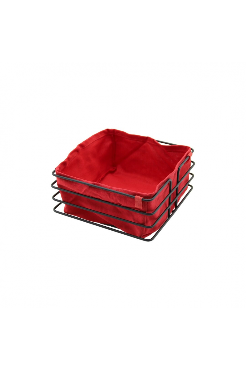 Kare Siyah Metal Kırmızı Bezli Ekmek Sepeti 20x21cm Derinlik 10.5cm