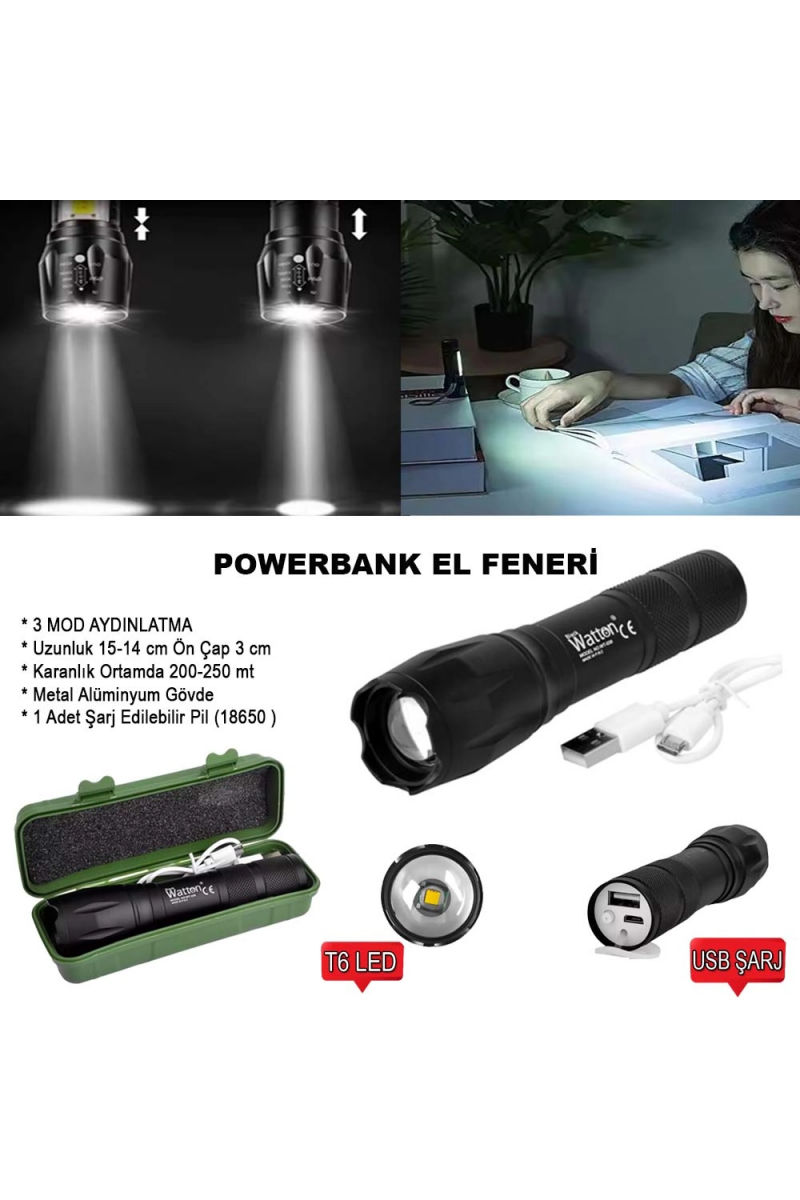 Powerbank Özellikli Uzun Menzilli El Feneri Wt - 039