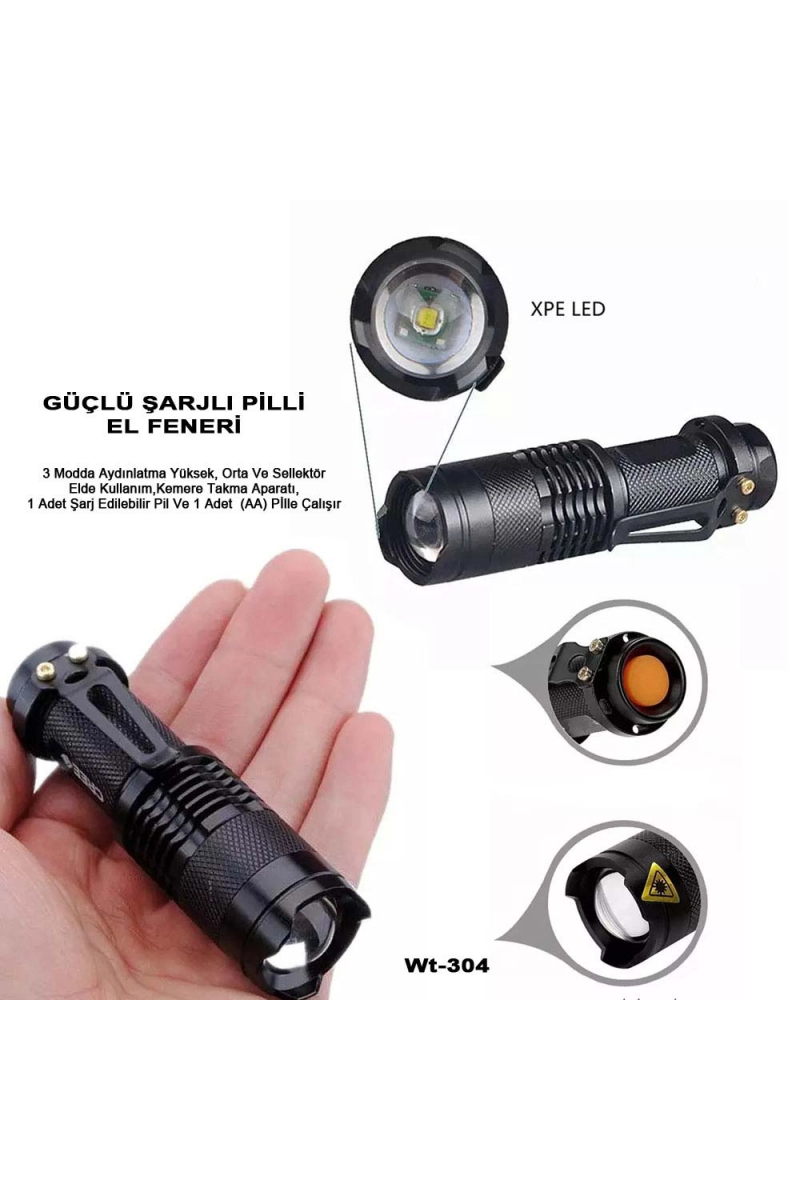 Mini Güçlü Şarjlı Pilli El Feneri Wt - 304