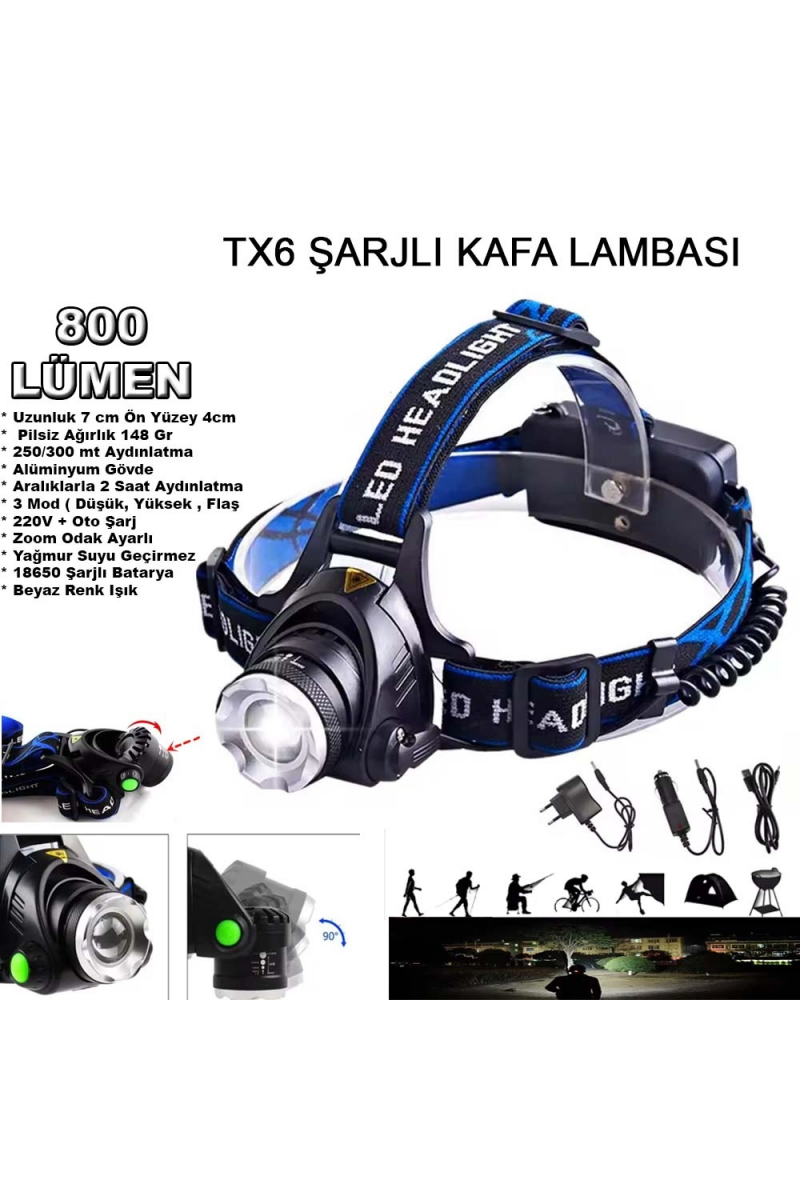 800 Lümen Tx6 Şarjlı Zoomlu Kafa Feneri Wt - 120