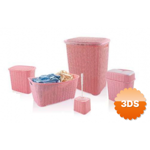 5 Parça Örgü Desenli Plastik Banyo Seti Çamaşır Sepeti Deterjanlık Klik Çöp Kovası Klozet Fırçası