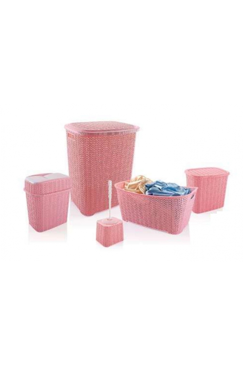 5 Parça Örgü Desenli Plastik Banyo Seti Çamaşır Sepeti Deterjanlık Klik Çöp Kovası Klozet Fırçası