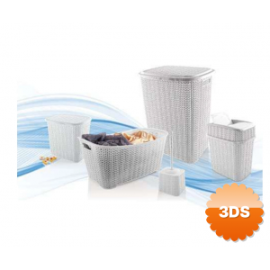 5 Parça Örgü Desenli Plastik Banyo Seti Çamaşır Sepeti Deterjanlık Çöp Kovası Klozet Fırçası - Gri