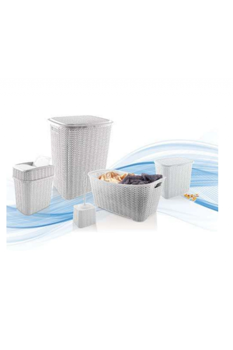 5 Parça Örgü Desenli Plastik Banyo Seti Çamaşır Sepeti Deterjanlık Çöp Kovası Klozet Fırçası - Gri