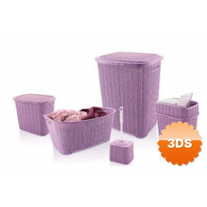 5 Parça Örgü Desenli Plastik Banyo Seti Çamaşır Sepeti Deterjanlık Çöp Kovası Klozet Fırçası - Mor