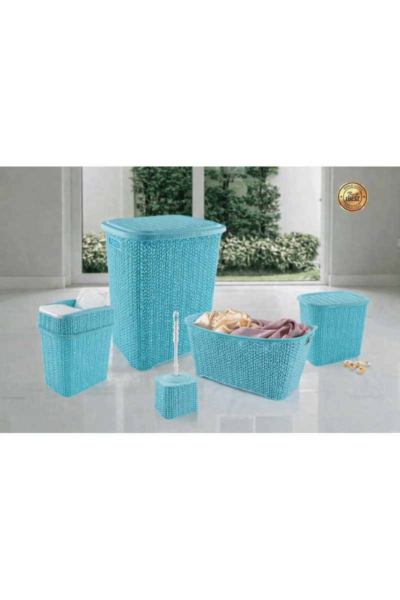 5 Parça Örgü Desenli Plastik Banyo Seti Çamaşır Sepeti Deterjanlık Çöp Kovası Klozet Fırçası - Mavi