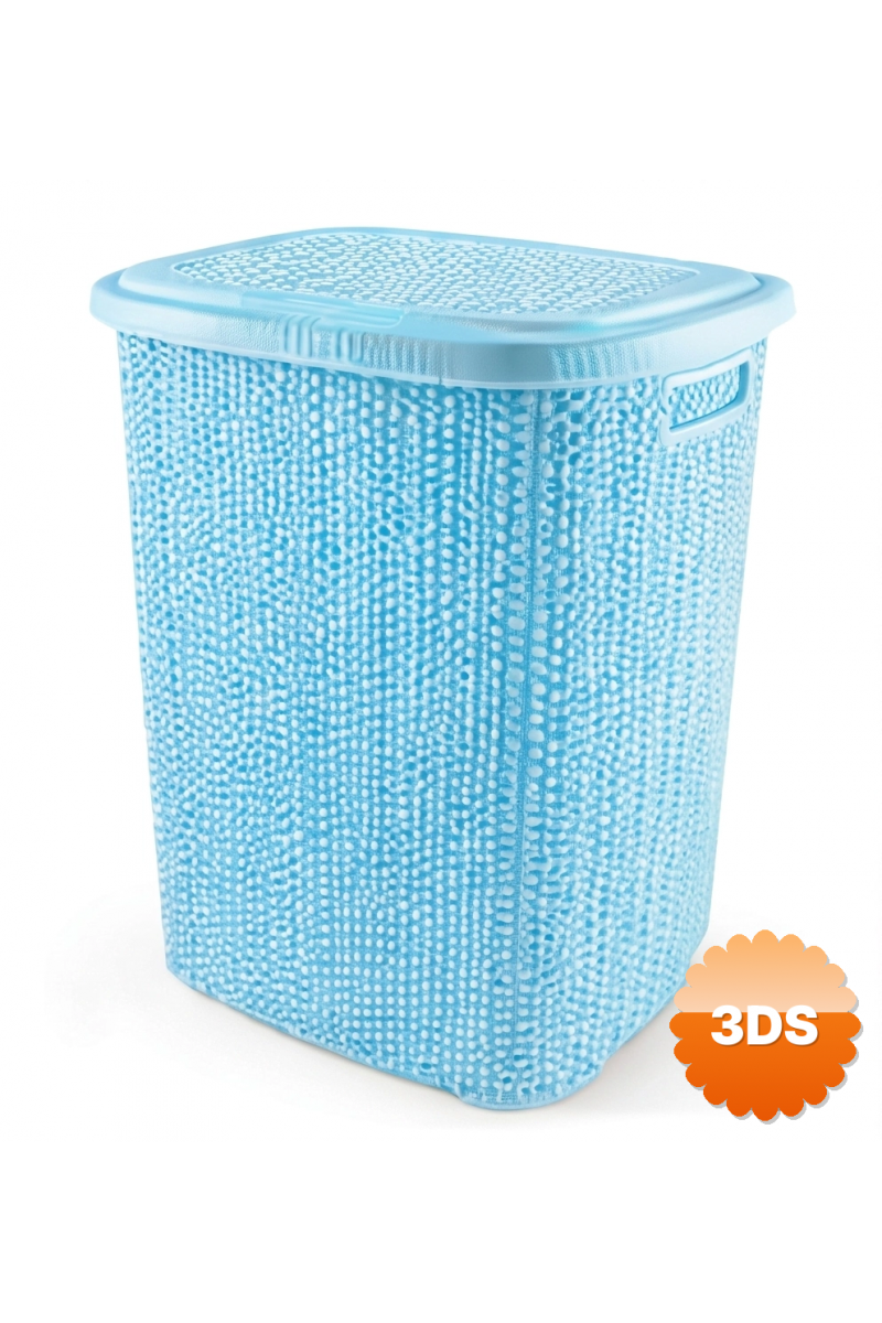 Kirli Çamaşır Sepeti Kapaklı 65 Lt Örgü Desenli Plastik Çamaşır Sepeti Banyo Sepeti - Mavi