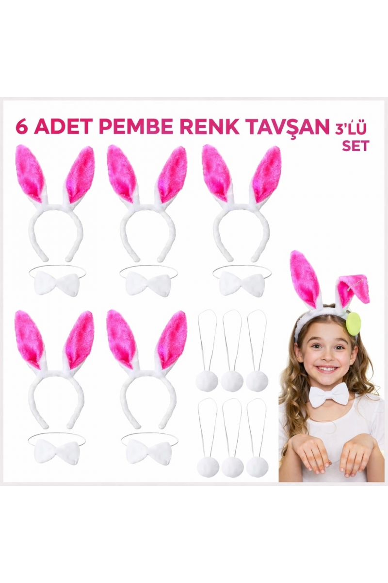 Şeker Pembesi Tavşan Sahne Seti 6'lı Set Taç Papyon Kuyruk