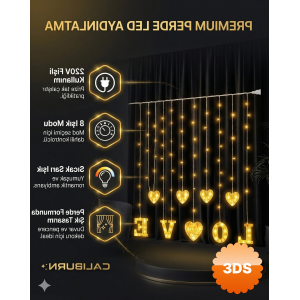 3 Metre Perde Led Işık - 8 Modlu Kalp Ve Love Figürlü Dekoratif Animasyonlu Led