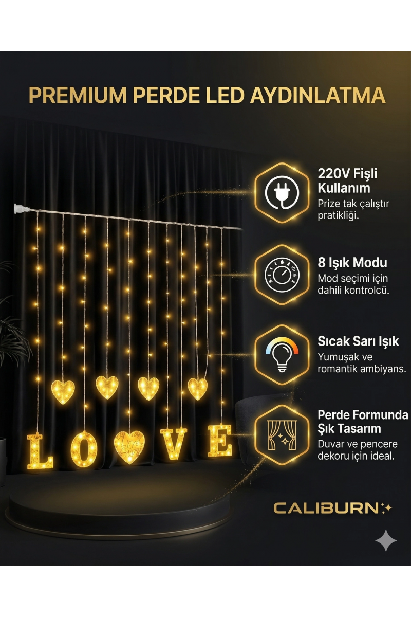 3 Metre Perde Led Işık - 8 Modlu Kalp Ve Love Figürlü Dekoratif Animasyonlu Led