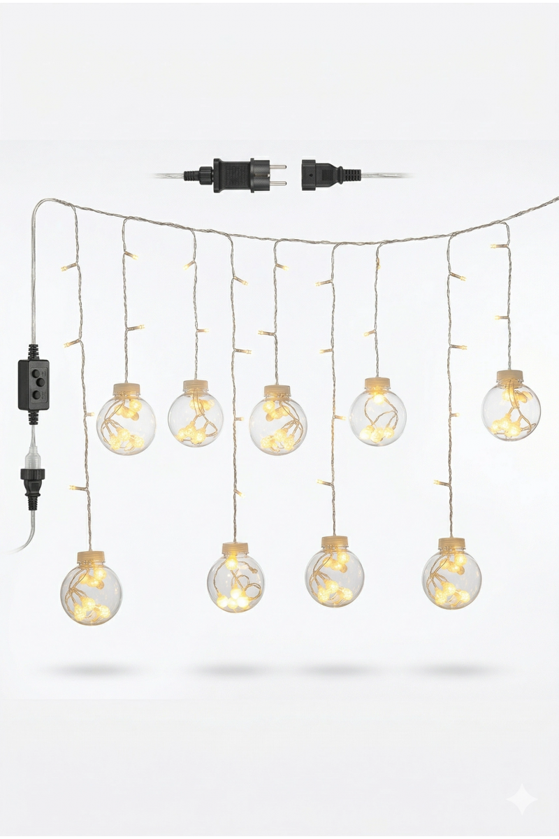 3 Metre 10 Toplu Perde Led Işık - Gün Işığı Şeffaf Dekoratif Aydınlatma - 8 Fonksiyonlu Led