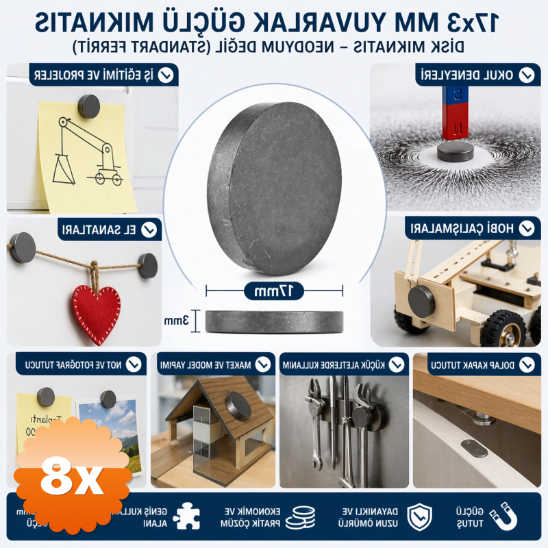 8 Adet Mıknatıs 17x3 Mm Yuvarlak Güçlü Mıknatıs Disk Mıknatıs