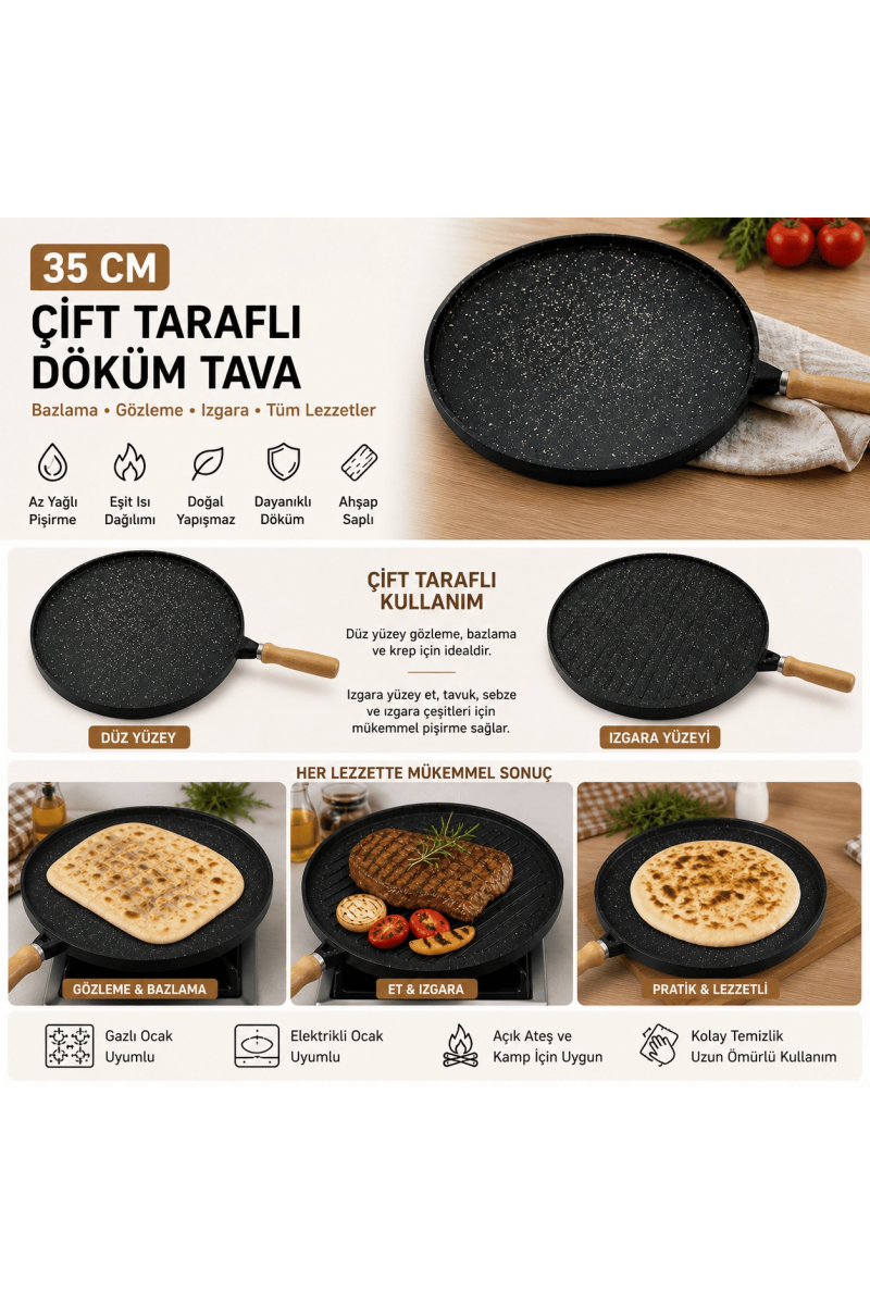 35 Cm Döküm Gözleme Tavası Çift Taraflı Bazlama Izgara Tavası Ahşap Saplı Yapışmaz