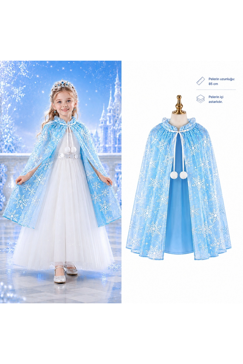 Kar Tanesi Desenli Mavi Elsa Pelerini - Astarlı Frozen Pelerini 85 Cm