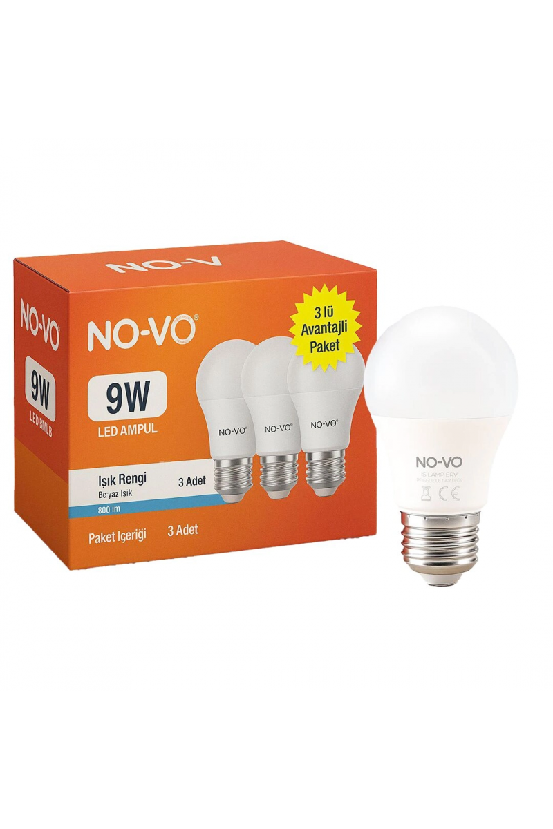 No - vo 3lü Avantaj Paket 9w Beyaz Led Ampul E27 806lm 6500k 15.000 Saat Ömür