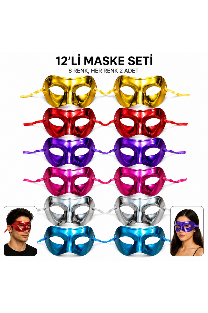 12'li Metalik Venedik Toptan Parti Maskesi Seti – 6 Renk Karışık