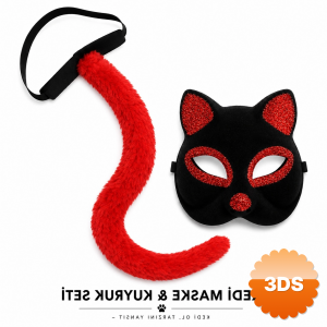 Kırmızı Kedi Maske Ve Kuyruk Seti Parti Kostüm Aksesuarı