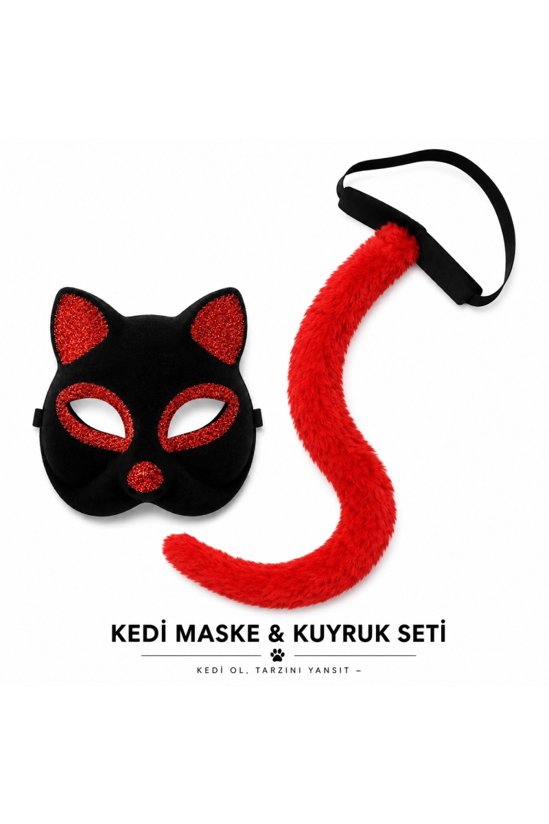 Kırmızı Kedi Maske Ve Kuyruk Seti Parti Kostüm Aksesuarı