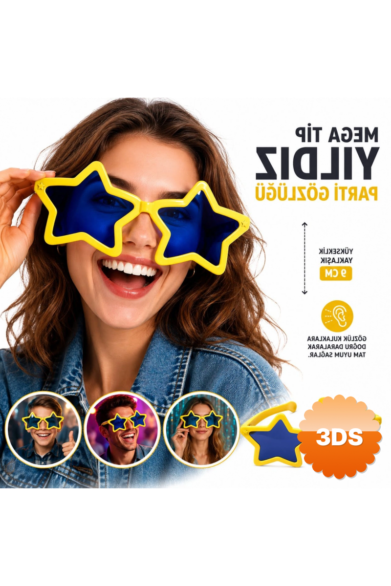 Mega Tip Yıldız Parti Gözlüğü Sarı Renk