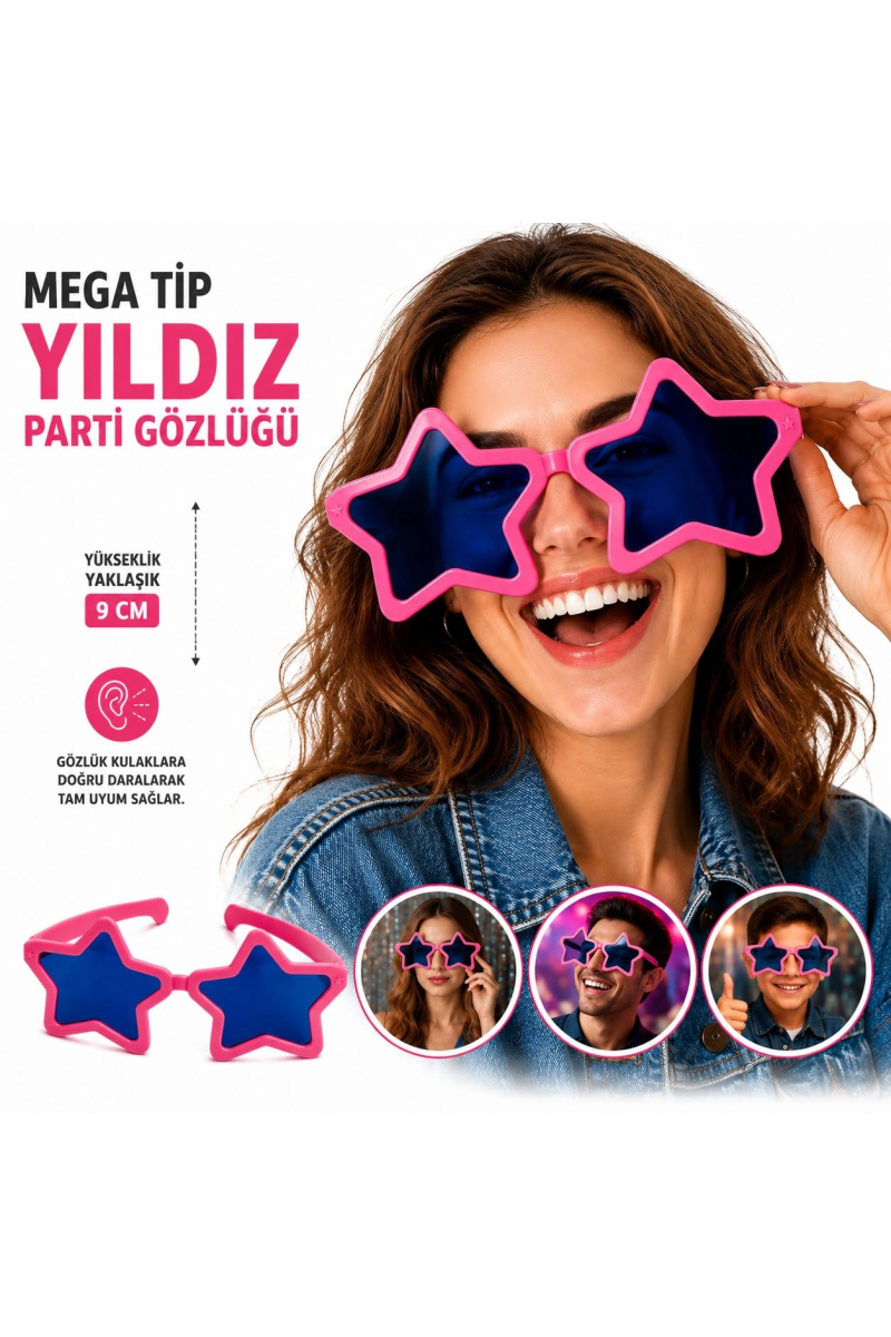 Mega Tip Yıldız Parti Gözlüğü Pembe Renk