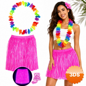Neon Pembe Hawaii Etek 40 Cm Ve Rengarenk Hawaii Kolye
