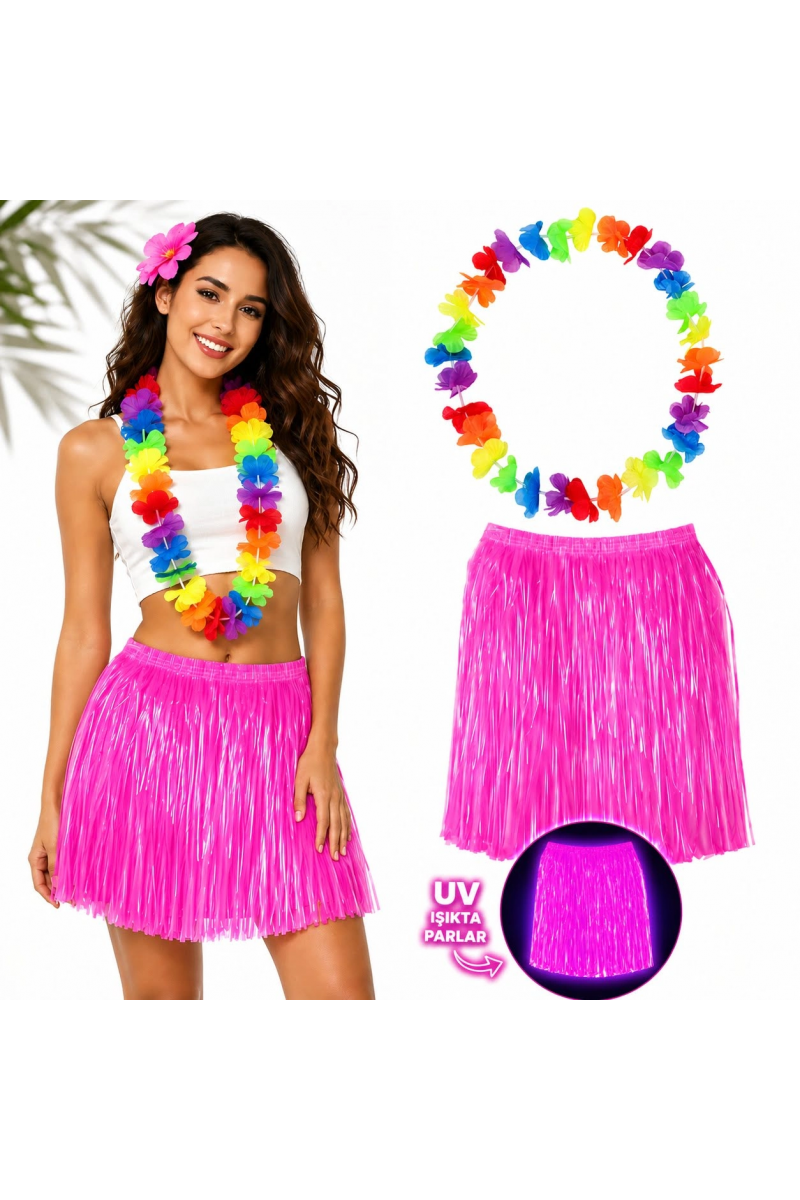 Neon Pembe Hawaii Etek 40 Cm Ve Rengarenk Hawaii Kolye