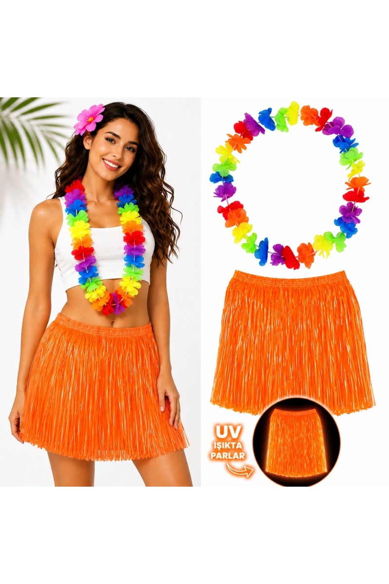 Neon Turuncu Hawaii Etek 40 Cm Ve Rengarenk Hawaii Kolye