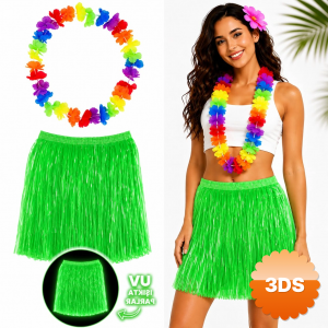 Neon Yeşil Hawaii Etek 40 Cm Ve Rengarenk Hawaii Kolye