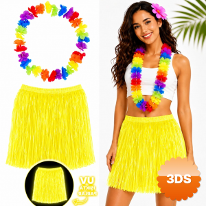Neon Sarı Hawaii Etek 40 Cm Ve Rengarenk Hawaii Kolye
