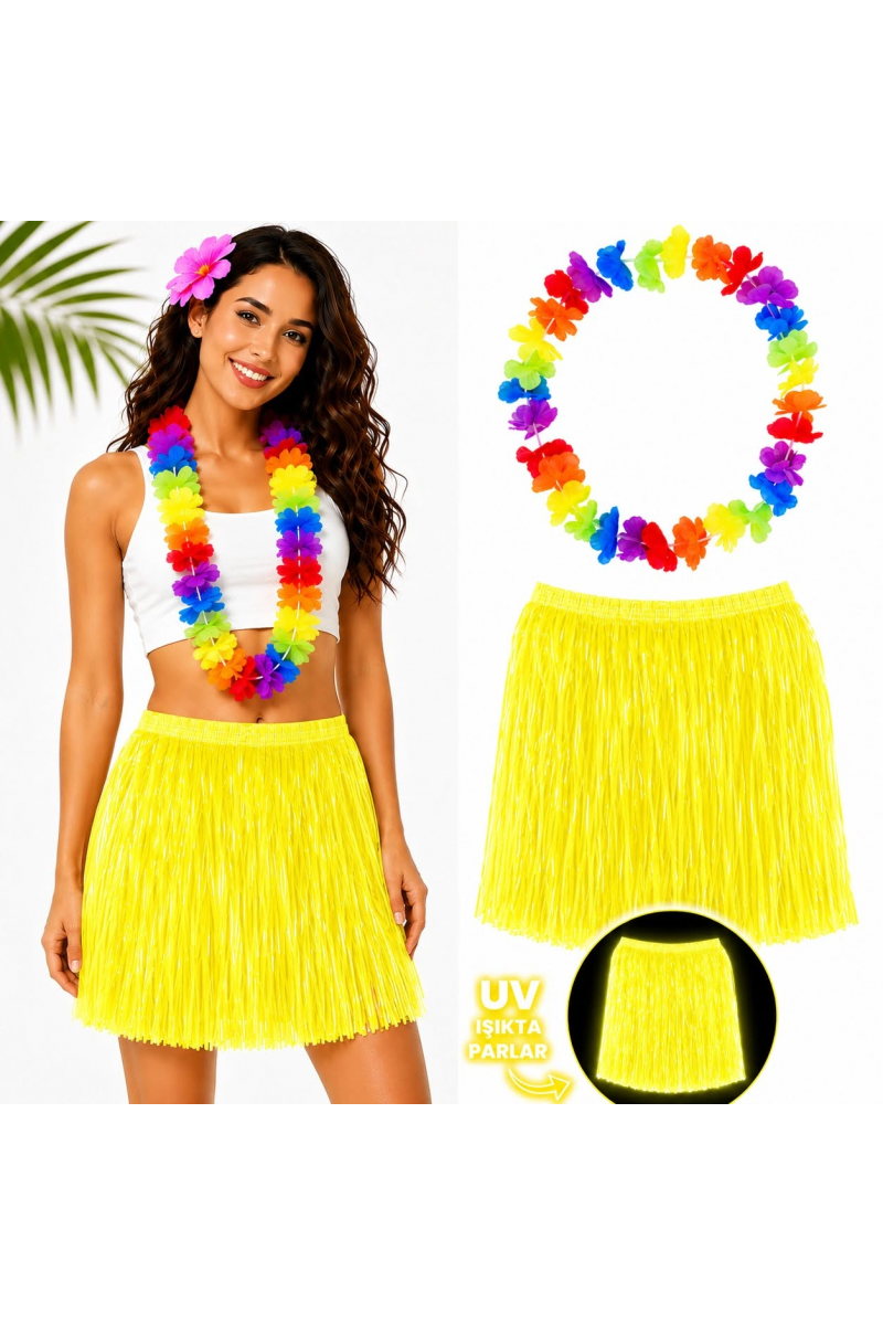 Neon Sarı Hawaii Etek 40 Cm Ve Rengarenk Hawaii Kolye