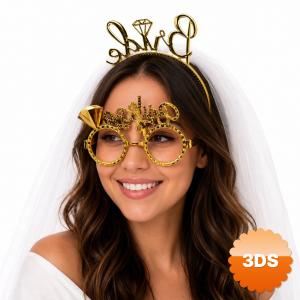 Bride Yazılı Gold Taç Ve Parti Gözlüğü Seti
