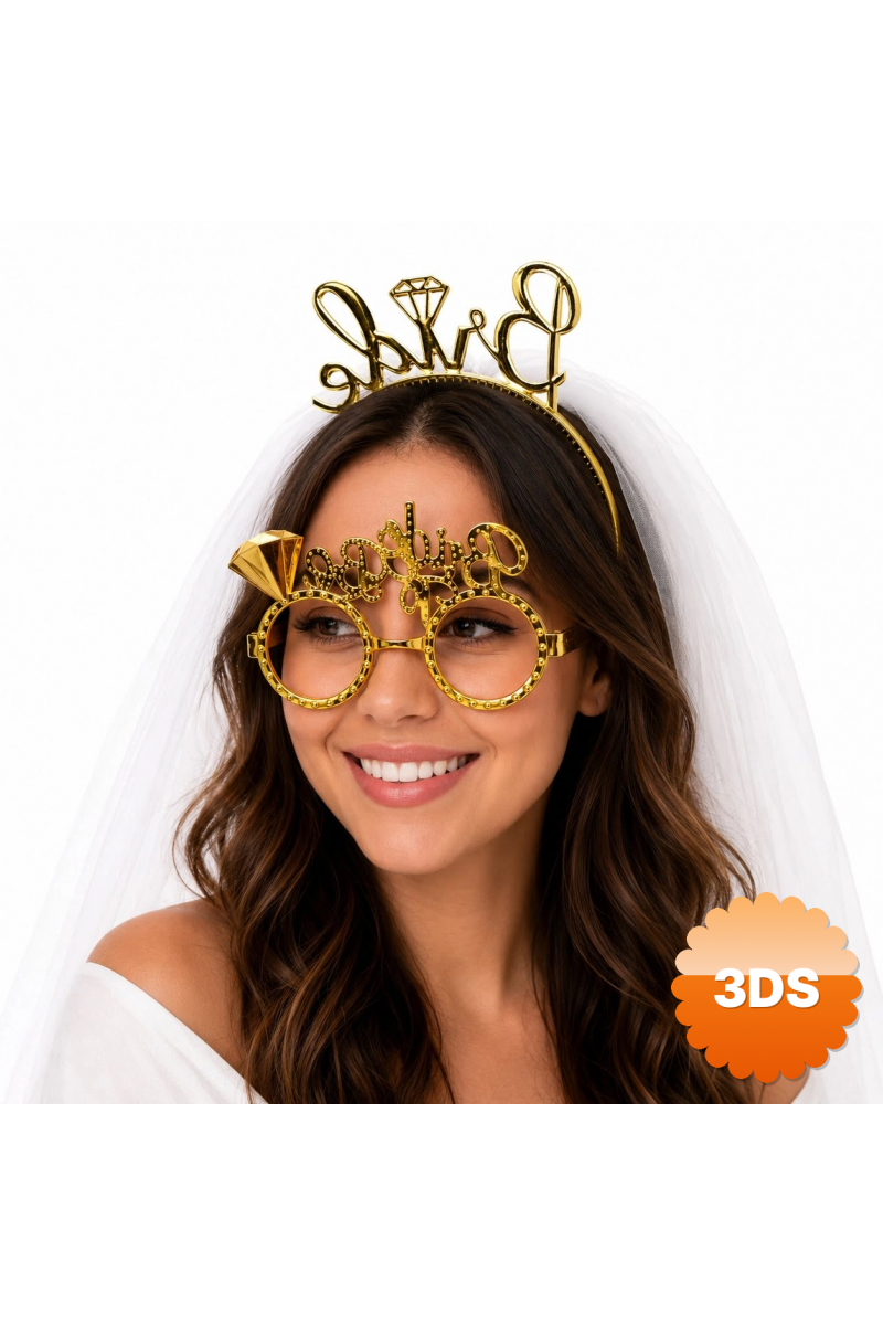 Bride Yazılı Gold Taç Ve Parti Gözlüğü Seti