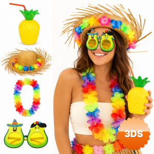 4 Parça Hawaii Parti Seti Ananas Bardak Hasır Şapka Avokado Gözlük Çiçek Kolye